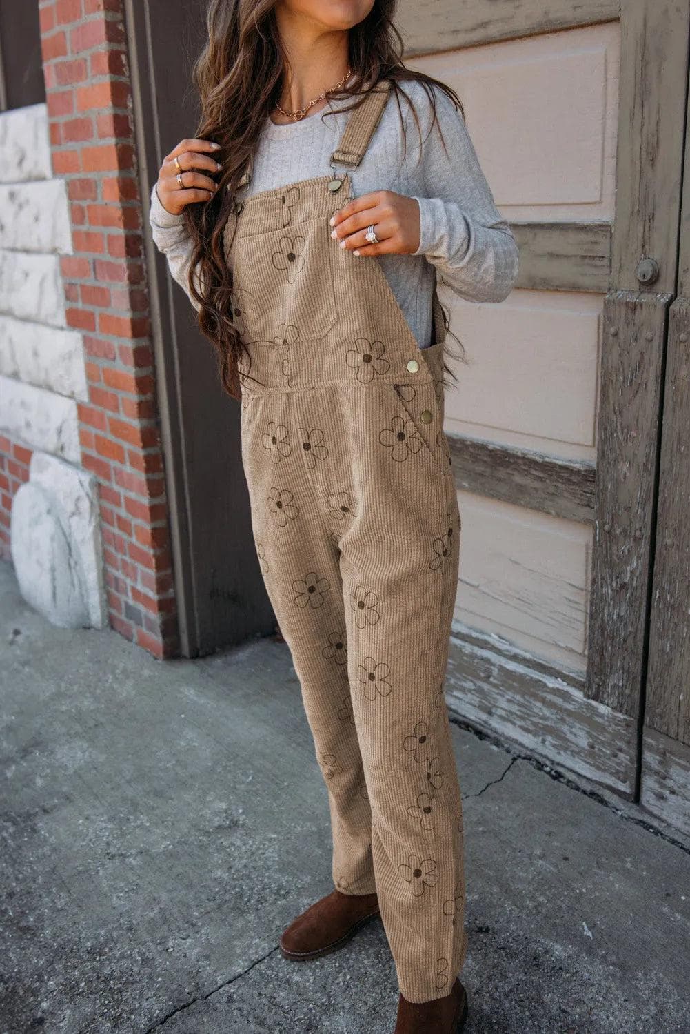 Bottoms/Jumpsuits & Rompers Khaki Flower Print Corduroy Overalls