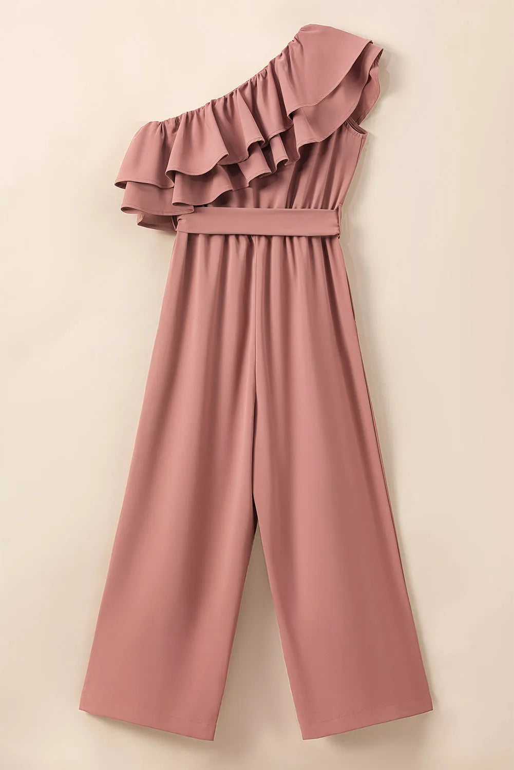 Dusty Pink One Shoulder Ruffle Trim Belted Jumpsuit - Chic Meadow Boutique 