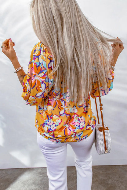 Yellow Floral Print Elastic Neckline Blouse - Chic Meadow Boutique 