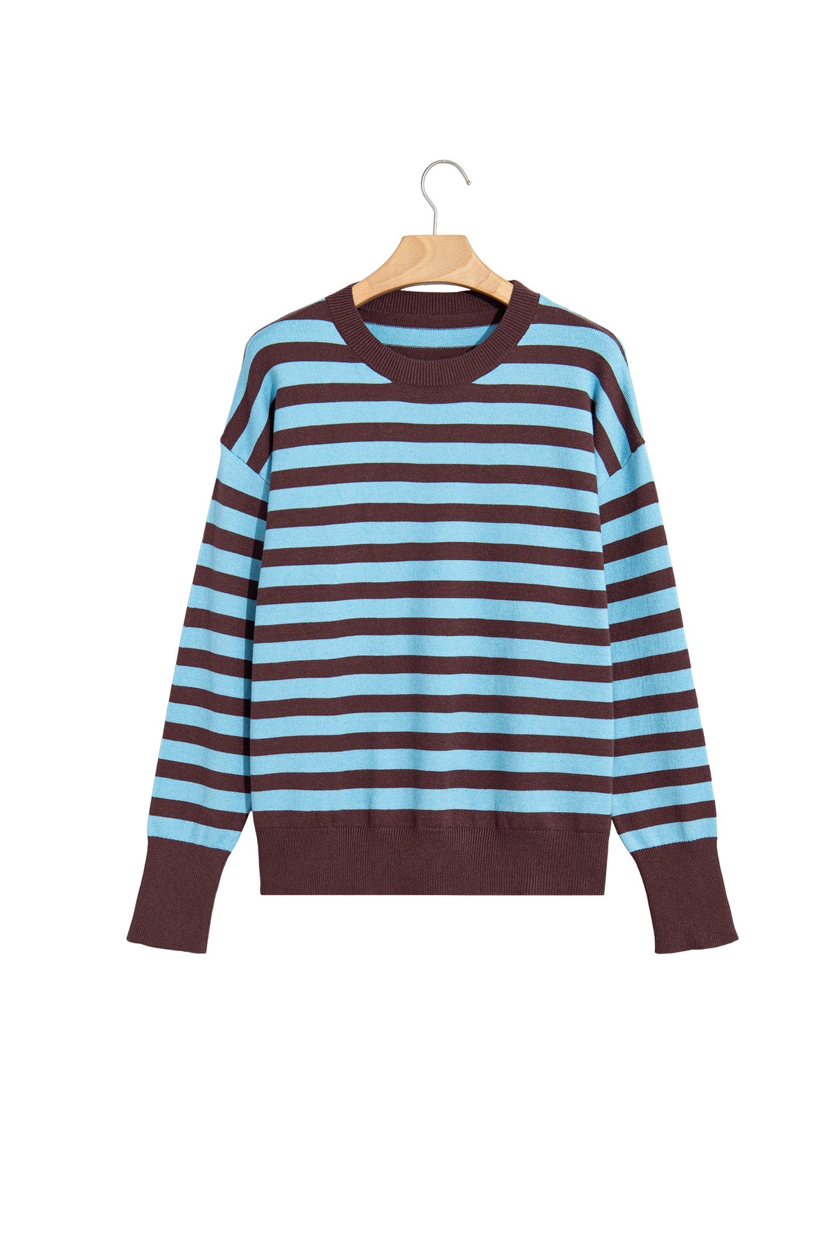 Brown Stripe Color Block Loose Crew Neck Cuffed Sweater