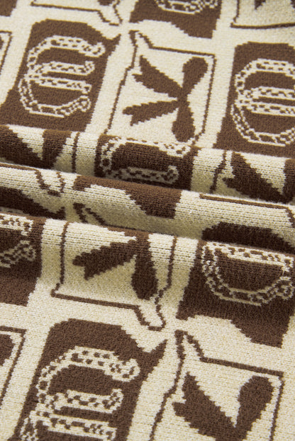 Brown Bow Horseshoe Print Checkered Plus Size Sweater