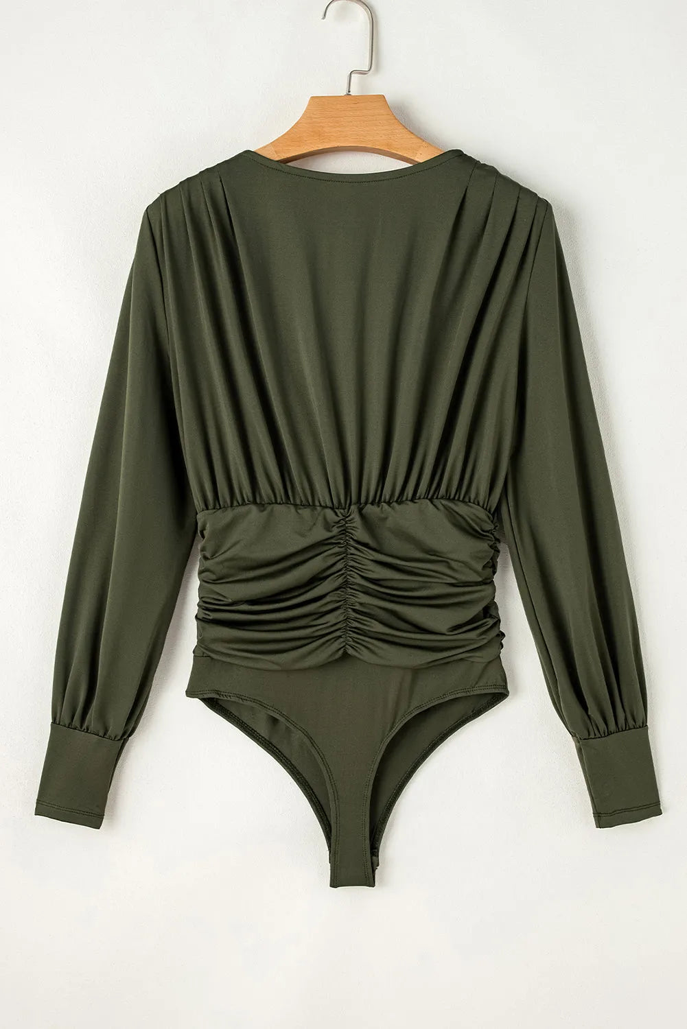 Moss Green Ruched Wrap V Neck Long Sleeve Bodysuit - Chic Meadow Boutique 