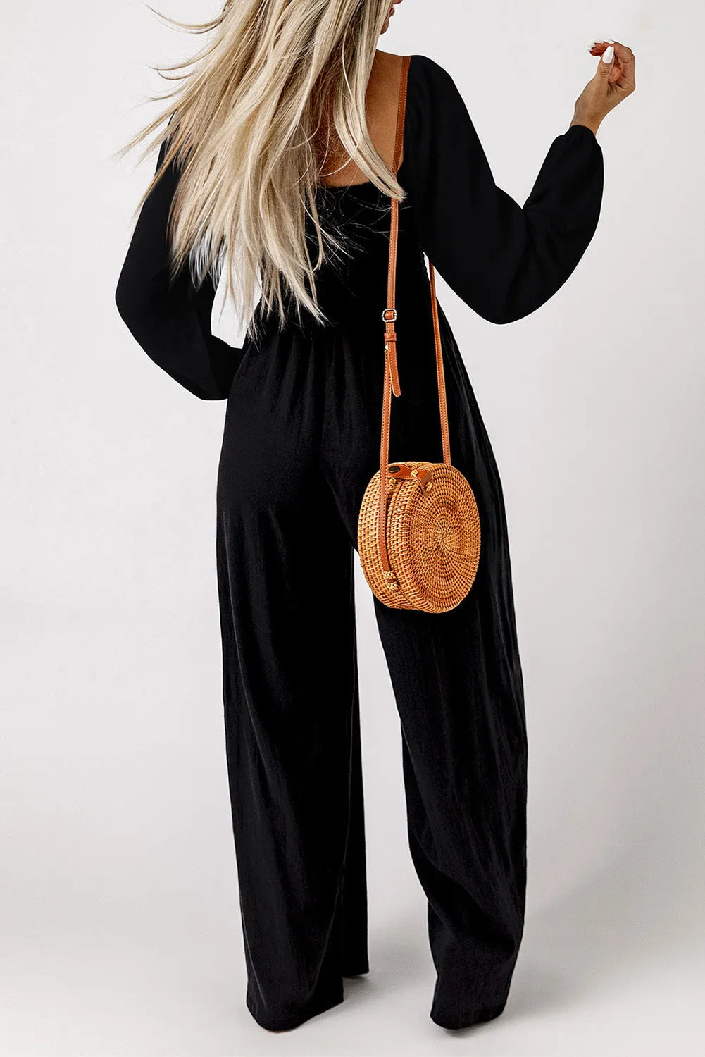 Black Smocked Square Neck Long Sleeve Wide Leg Jumpsuit - Chic Meadow Boutique 