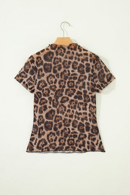 Camel Leopard Printed Mesh Short Sleeve Top