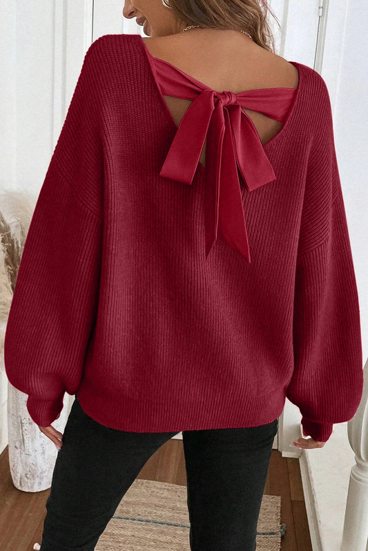Red Dahlia Ribbed Knit Ribbon Knot Backless Drop Shoulder Sweater
