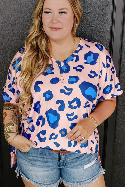 Plus Size/Plus Size Tops/Plus Size Tops & Tees Pink Leopard Print V Neck Plus Size Tee