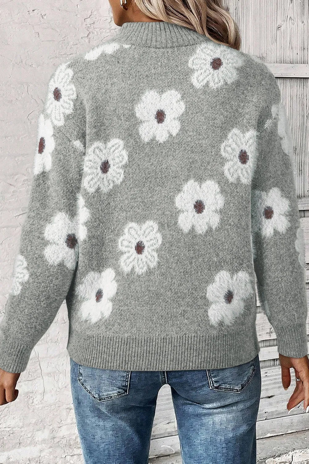 Sweaters & Cardigans/Sweaters Gray Floral Pattern Half Zip Drop Shoulder Sweater