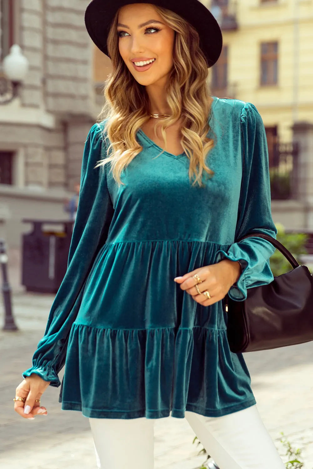 Sea Green Velvet V Neck Peplum Hem Puff Sleeve Blouse - Chic Meadow Boutique 