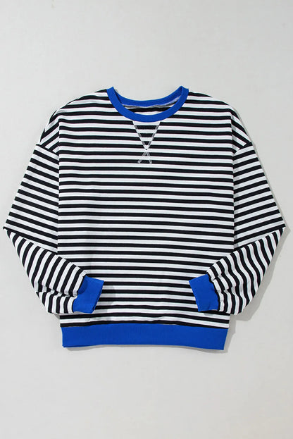 Black Stripe Oversized Contrast Trim Pullover Sweatshirt - Chic Meadow Boutique 