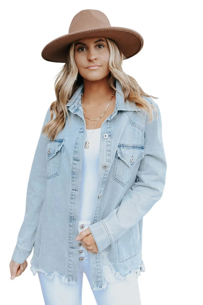 Sky Blue Flap Pocket Buttoned Raw Hem Denim Jacket - Chic Meadow Boutique 