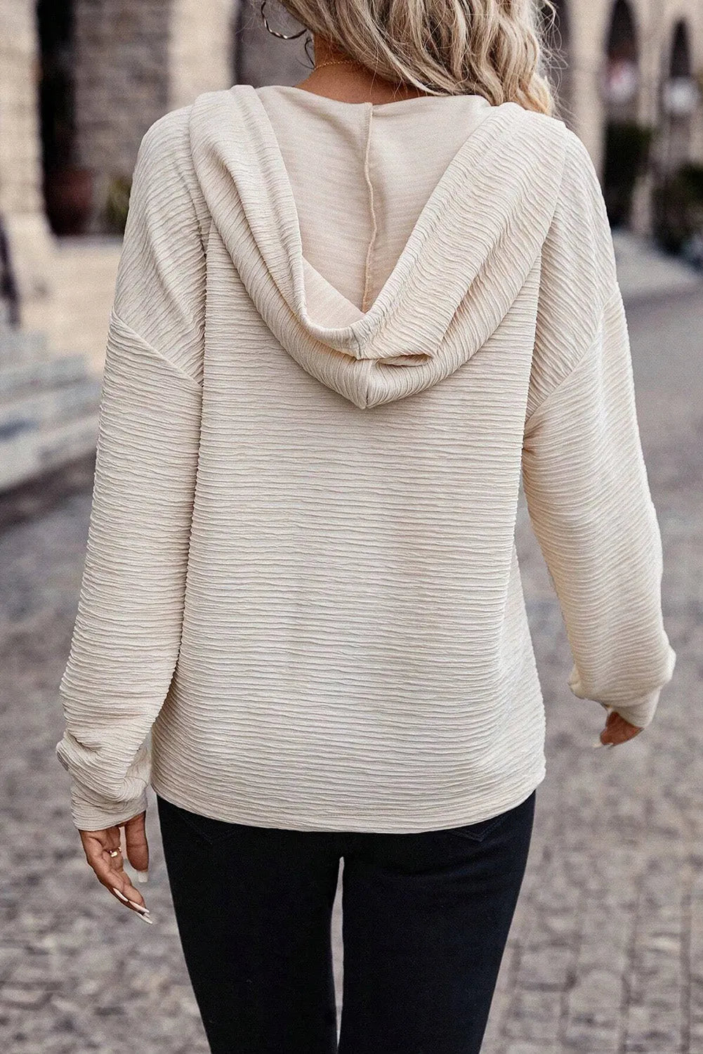 Apricot Solid Textured Drawstring Henley Hoodie - Chic Meadow Boutique 