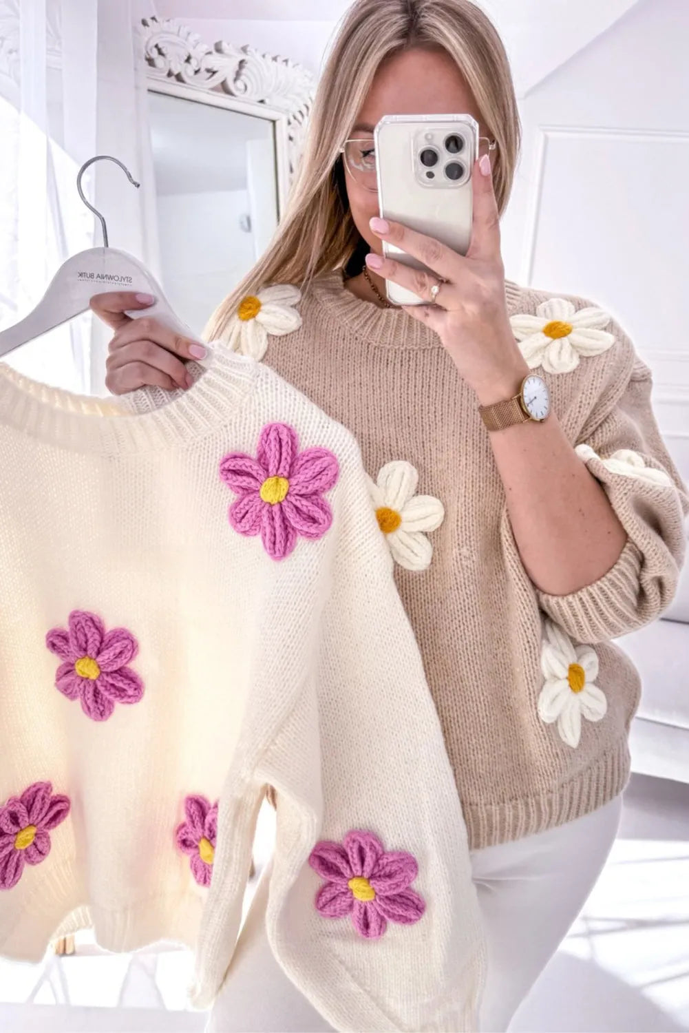 White Floral Crochet Chunky Knit Sweater - Chic Meadow Boutique 