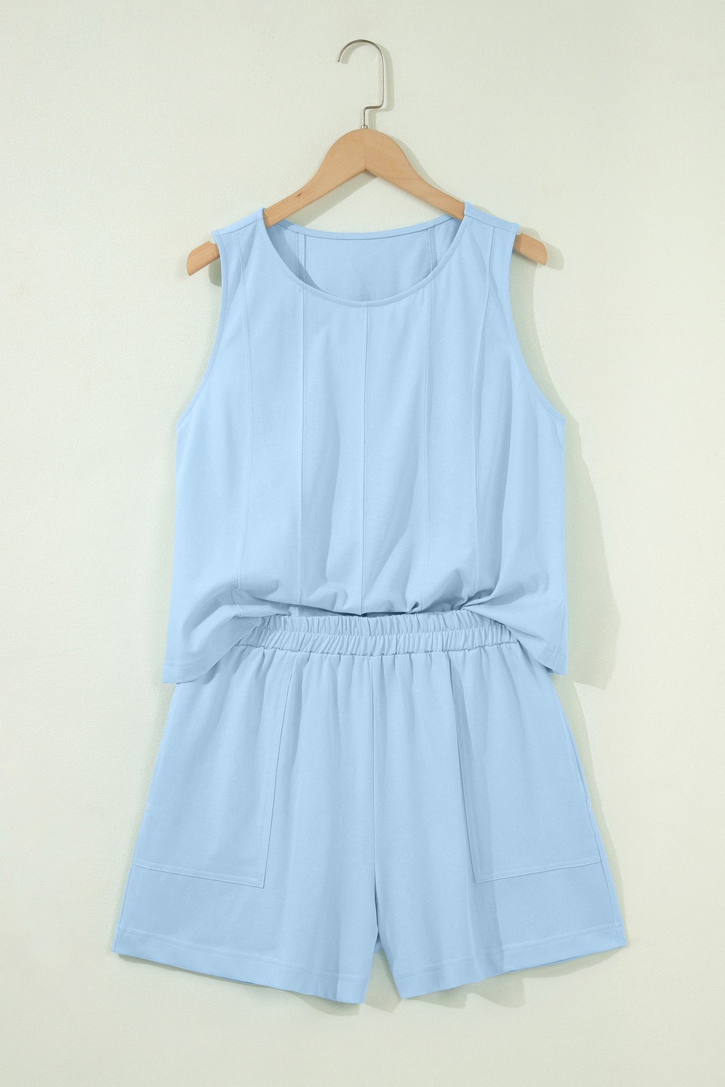 Mist Blue Stitched Detail Loose Tank Top 2pcs Short Set