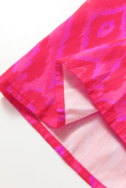 Red Allover Print Contrast Split Neckline Short Puff Sleeve Curvy Dress