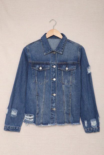 Blue Lapel Distressed Raw Hem Buttons Denim Jacket - Chic Meadow Boutique 