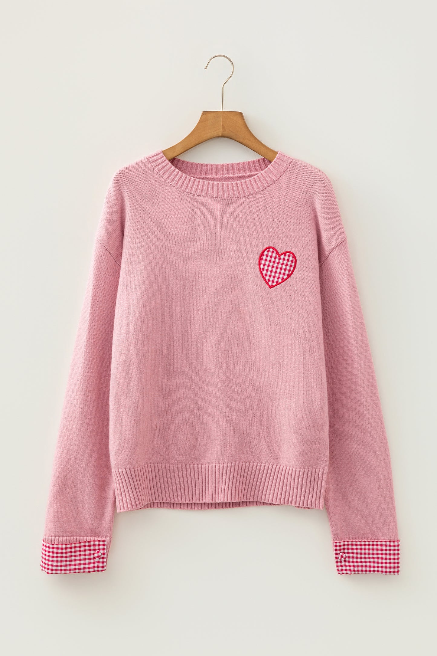 Light Pink Plaid Heart Embroidered Cuffed Drop Shoulder Crew Neck Sweater