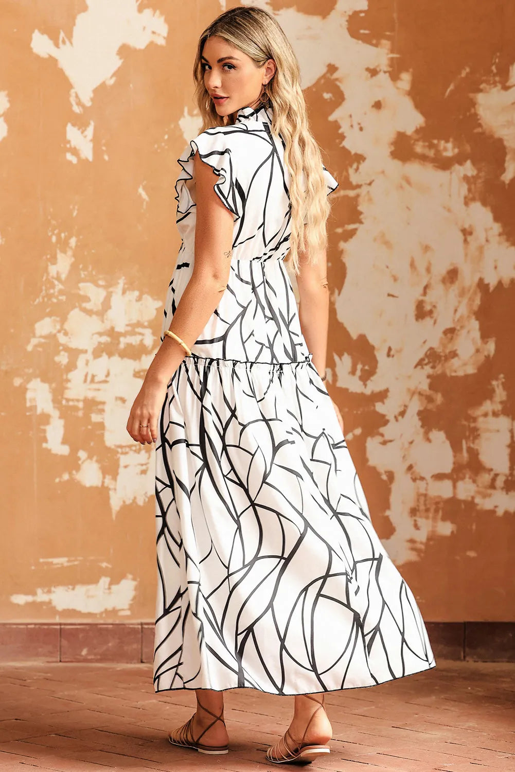 White Abstract Vein Print V Neck Ruffle Maxi Dress - Chic Meadow Boutique 