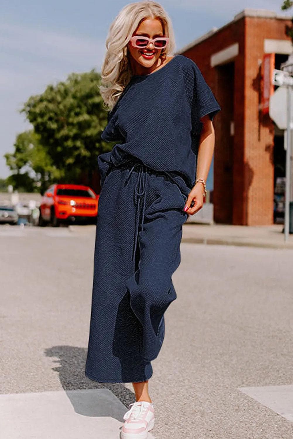 Two Piece Sets/Pant Sets Navy Blue Textured Loose Fit T Shirt and Drawstring Pants Set