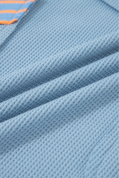 Dusk Blue Exposed Seam Waffle Striped Patchwork Baggy Pullover