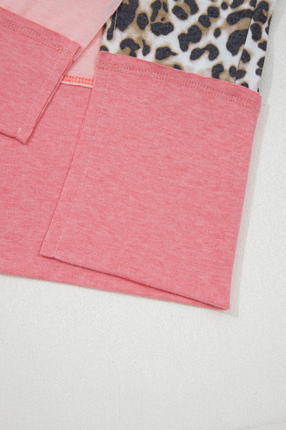 Light Pink Color Block Leopard Patchwork Dolman Sleeve High Low Baggy Sweatshirt
