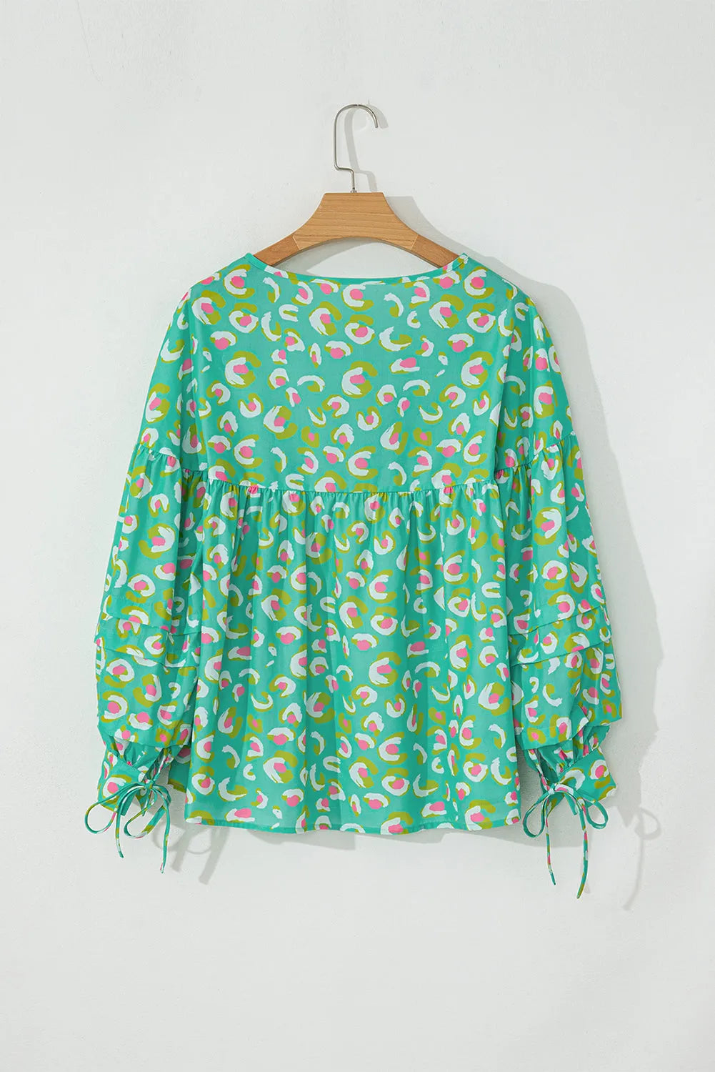 Green Abstract Printed Lace-up Lantern Sleeve Babydoll Blouse - Chic Meadow Boutique 