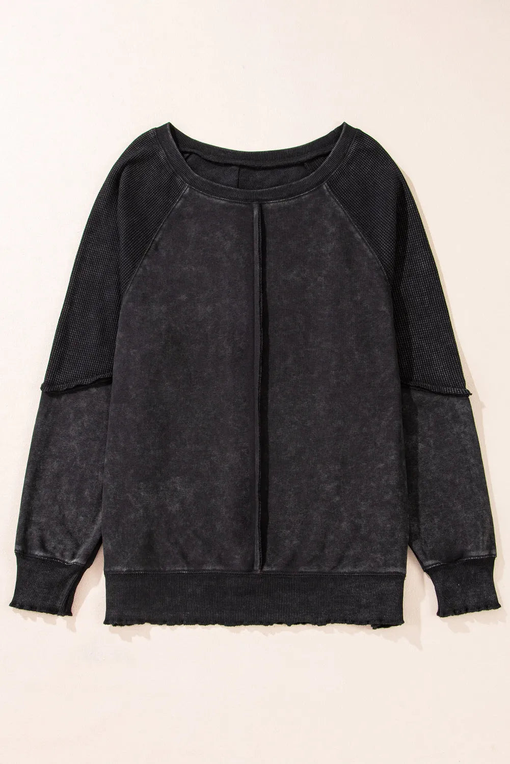 Black Solid Waffle Knit Patchwork Raglan Sleeve Sweatshirt - Chic Meadow Boutique 