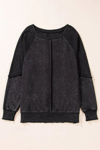 Black Solid Waffle Knit Patchwork Raglan Sleeve Sweatshirt - Chic Meadow Boutique 