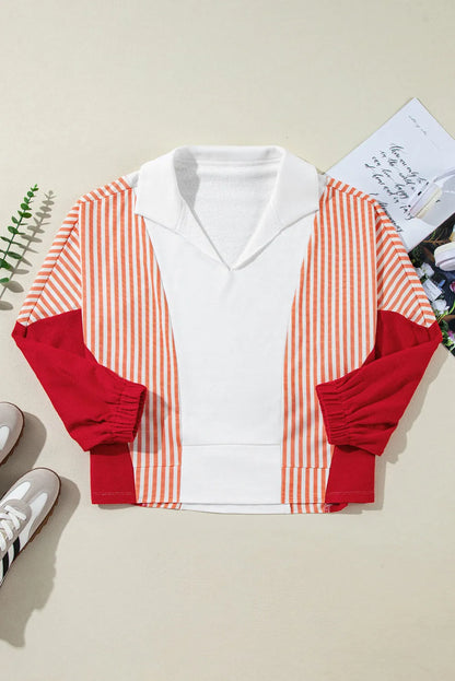 White Striped Color Block Collared V Neck Oversized Sweatshirt - Chic Meadow Boutique 