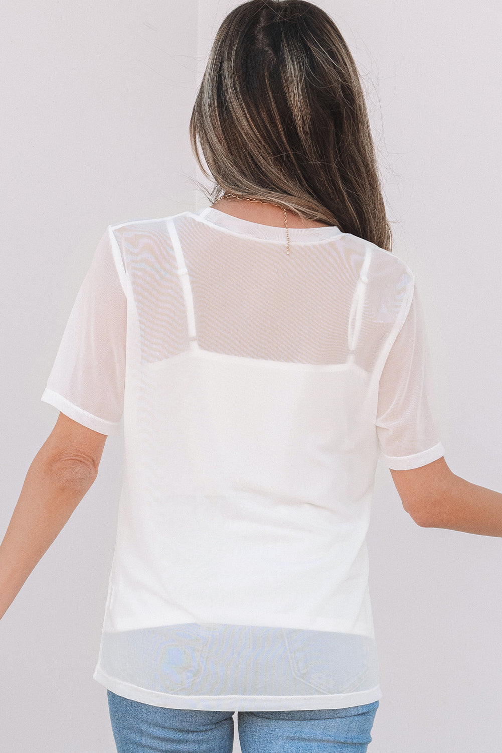 White Solid Color Sheer Mesh Patchwork Short Sleeve Top