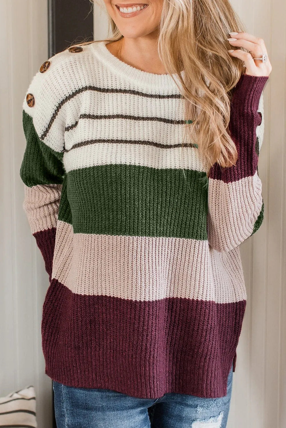 Green Color Block Striped Buttoned Shoulder Split Sweater - Chic Meadow Boutique 