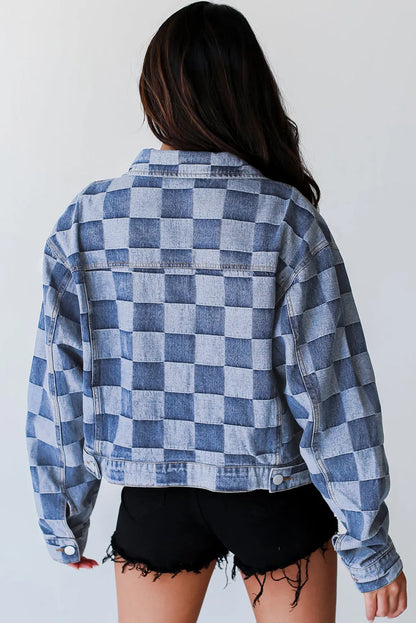 Light Blue Checkered Patchwork Button up Denim Jacket - Chic Meadow Boutique 