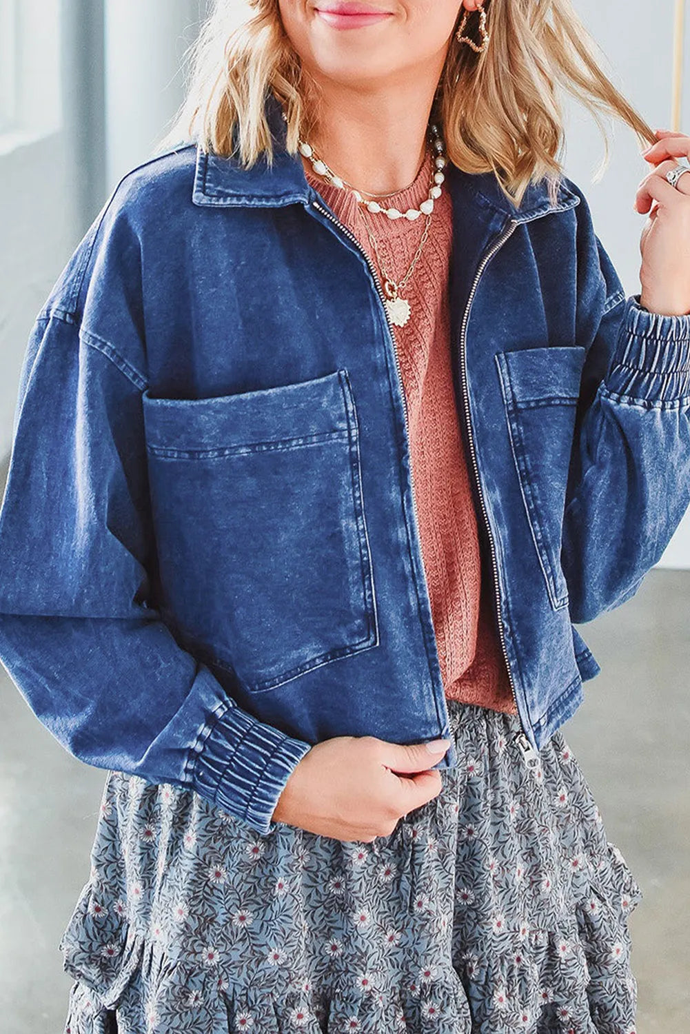 Sail Blue Large Side Pockets Zip-up Denim Jacket - Chic Meadow Boutique 