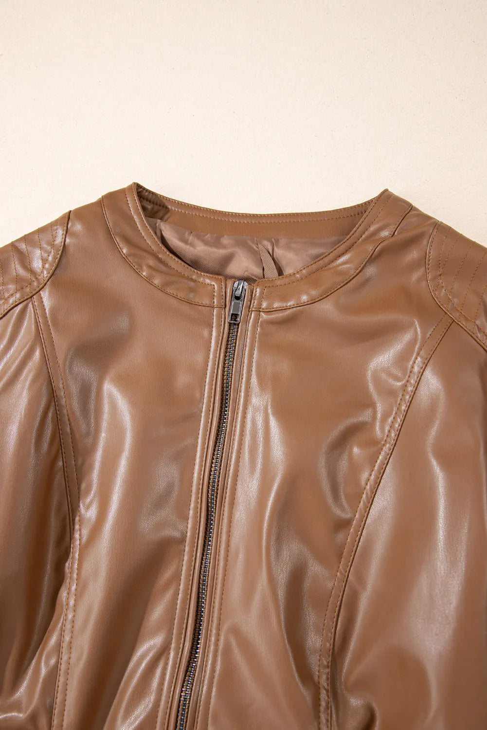 Chestnut Solid Faux Leather Zipper Slim Fit Jacket - Chic Meadow Boutique 