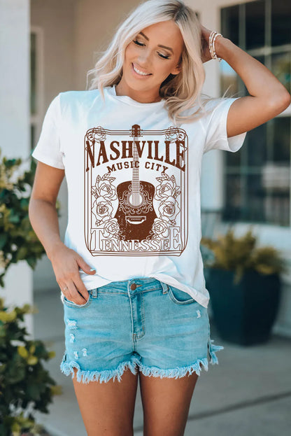 White NASHVILLE MUSIC CITY Graphic Crew Neck Tee - Chic Meadow Boutique 