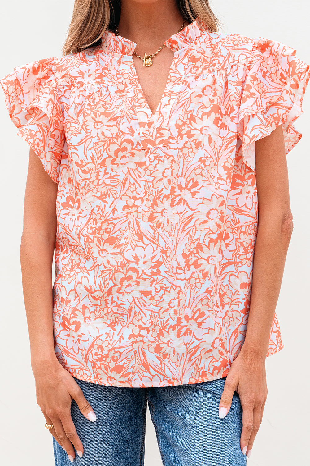 Orange Floral Ruffle Sleeve Split Neck Blouse