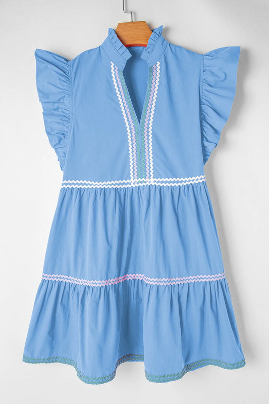 Beau Blue Ric Rac Colorblock Flutter Sleeve V Neck Tiered Dress - Chic Meadow Boutique 