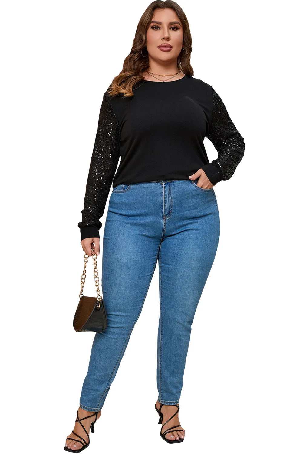 Black Sequin Contrast Long Sleeve Plus Size Top - Chic Meadow Boutique 