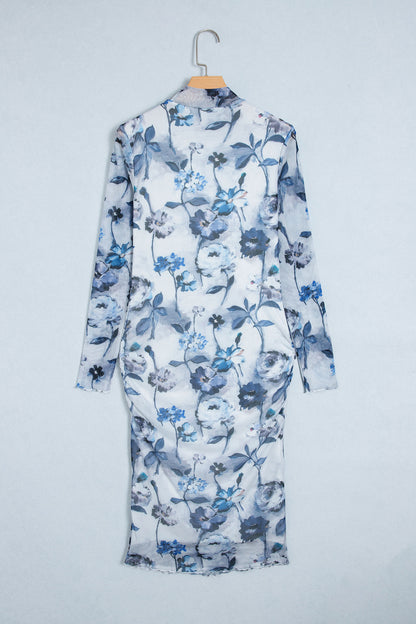Sky Blue Floral Print Sheath Elegant Long Sleeve Dress