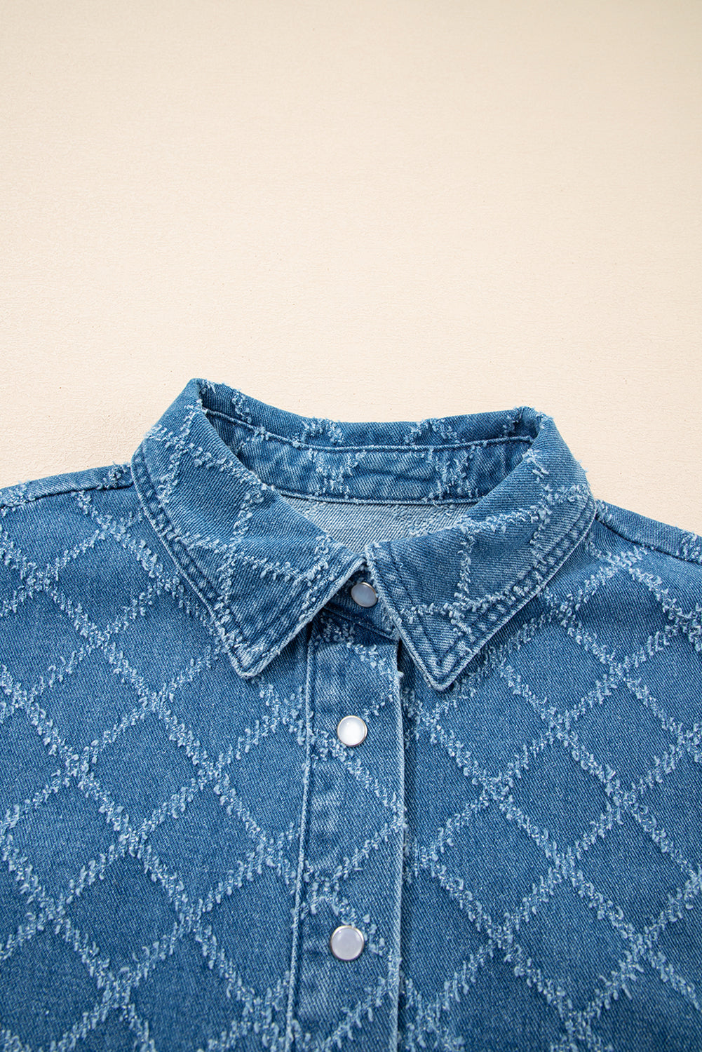 Dusk Blue Checkered Textured Short Sleeve Patched Pocket Denim Shirt