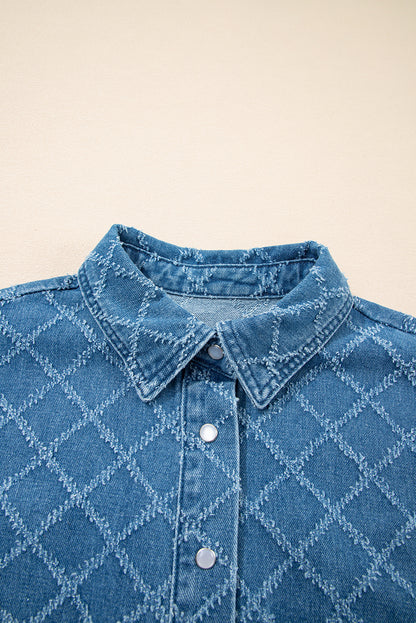 Dusk Blue Checkered Textured Short Sleeve Patched Pocket Denim Shirt