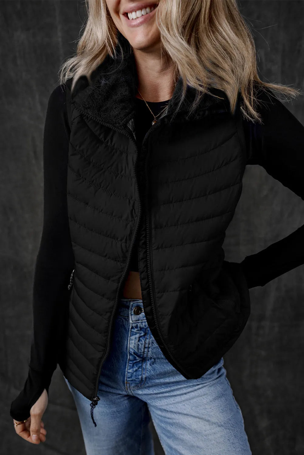 Black Plush Collared Quilted Zipped Puffer Vest - Chic Meadow Boutique 