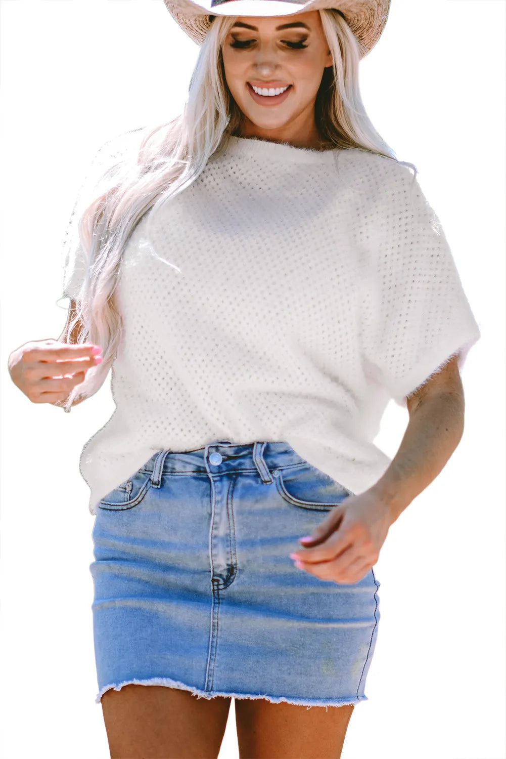 Tops/Short Sleeve Sweaters White Fuzzy Eyelet Knitted Sweater T-shirt