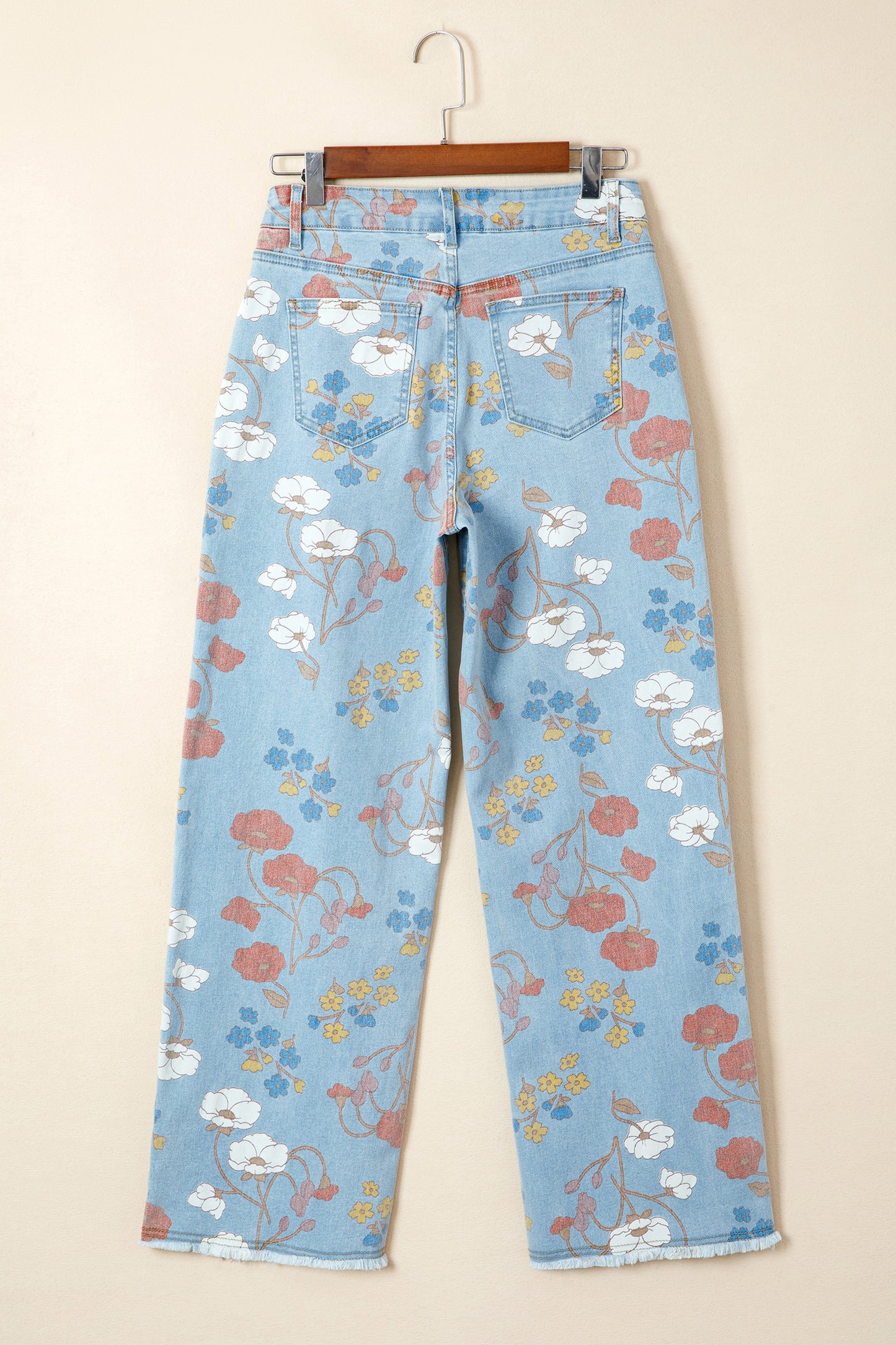 Sky Blue Floral Printed Raw Hem Shift Jeans