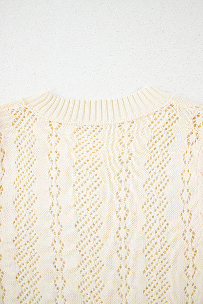 Beige Hollowed Pattern Knit Short Puff Sleeve Sweater