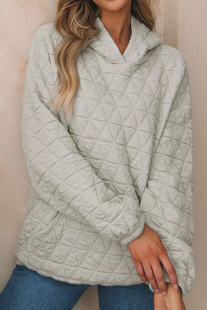 Light Grey Solid Color Quilted Kangaroo Pocket Hoodie - Chic Meadow Boutique 