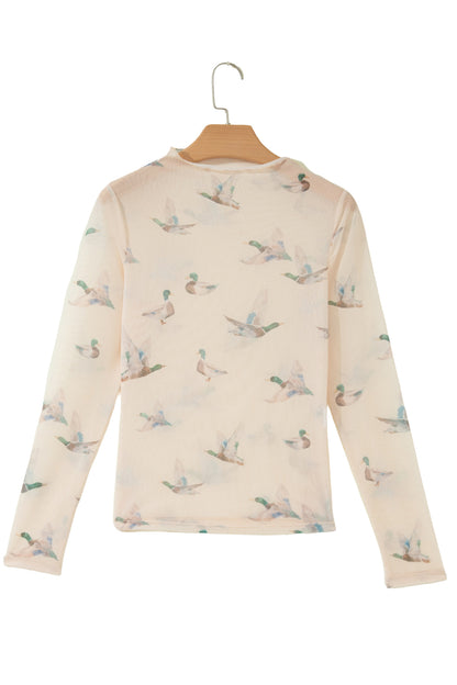 Beige Western Print Mesh High Neck Long Sleeve Sheath Top