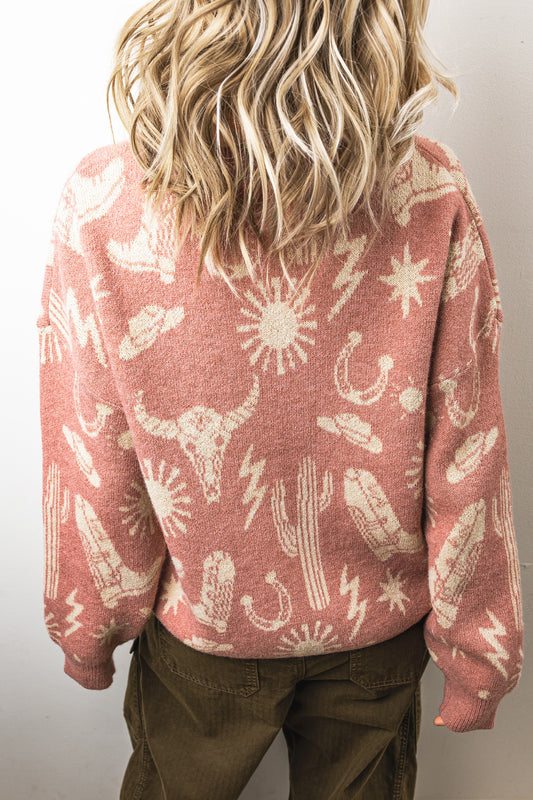 Peach Blossom Western Print Drop Shoulder Round Neck Long Sleeve Sweater
