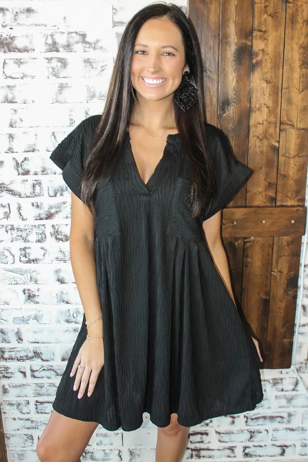 Black Textured V Neck Short Sleeve Pockted Mini Dress - Chic Meadow Boutique 