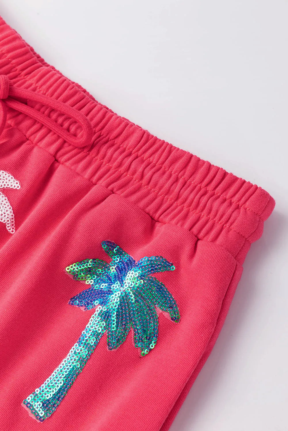 Strawberry Pink Two Piece Sequin Palm Trees Summer Short Set - Chic Meadow Boutique 