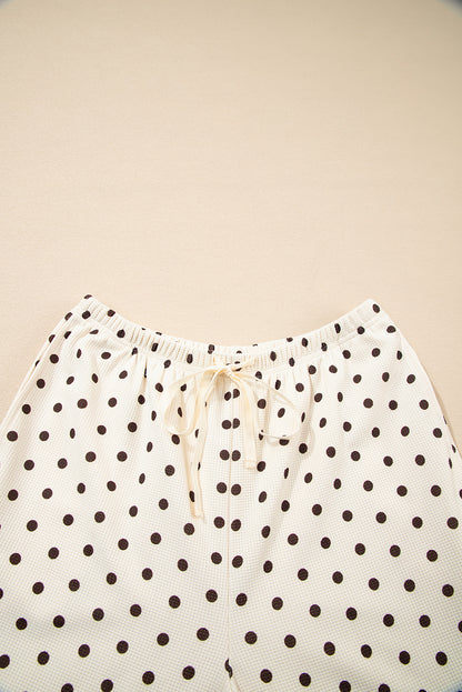 White Polka Dot Print Notched Neck Long Sleeve Top Drawstring Jogger Pants Waffle Knit Lounge Set